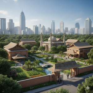 Ilustrasi kompleks bangunan bergaya tradisional Nusantara dengan bata merah dan atap limasan, berpusat pada sebuah masjid berkubah di tengah taman hijau yang asri, dengan latar belakang deretan gedung pencakar langit kota modern di bawah langit biru yang cerah.