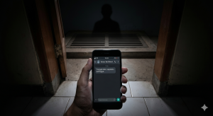 Sebuah tangan yang menggenggam smartphone menyala di tengah ruangan yang gelap. Layar ponsel menampilkan aplikasi perpesanan dengan pengirim "Nomor Tidak Dikenal" dan teks berbunyi: "Tengok atas, sepatuku tertinggal." Di sudut atas layar, ikon baterai berwarna merah menunjukkan daya kritis 4 persen. Di latar belakang yang remang-remang, terlihat lantai berkeramik, sebuah jeruji ventilasi, dan bayangan siluet kepala manusia misterius yang berdiri mengintip di dalam kegelapan.