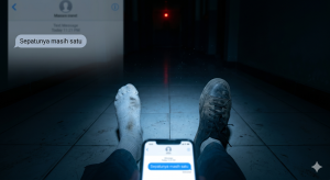 Foto sudut pandang orang pertama (POV) menunduk di koridor sekolah yang gelap pada malam hari. Cahaya redup kebiruan dari smartphone yang dipegang menerangi lantai ubin dan sepasang kaki. Kaki kanan hanya mengenakan kaus kaki putih bersih (tanpa sepatu), sedangkan kaki kiri masih mengenakan sepatu kets sekolah hitam usang dan kaus kaki putih. Sisa koridor menghilang ke dalam kegelapan pekat.