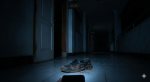 Koridor sekolah yang gelap gulita pada malam hari, di mana cahaya redup menyoroti sebuah sepatu pantofel hitam usang dan kotor yang tergeletak di lantai keramik. Pintu-pintu kelas tertutup rapat di latar belakang, dengan salah satunya bertanda papan nama kelas 'XI-A'."